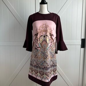 New York & Company Stretch Paisley Shift Dress Size M Brown and Pink Boho Print